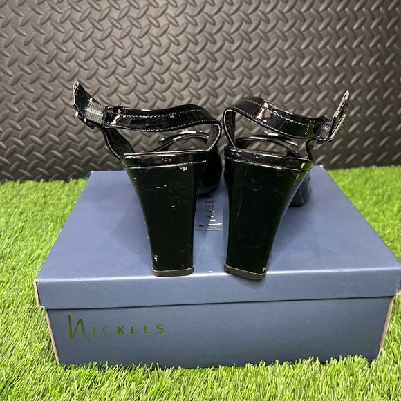 Nickles Black Patent Leather Open Toe Buckle 3'' Heels Womans Size 10 - Picture 4 of 6